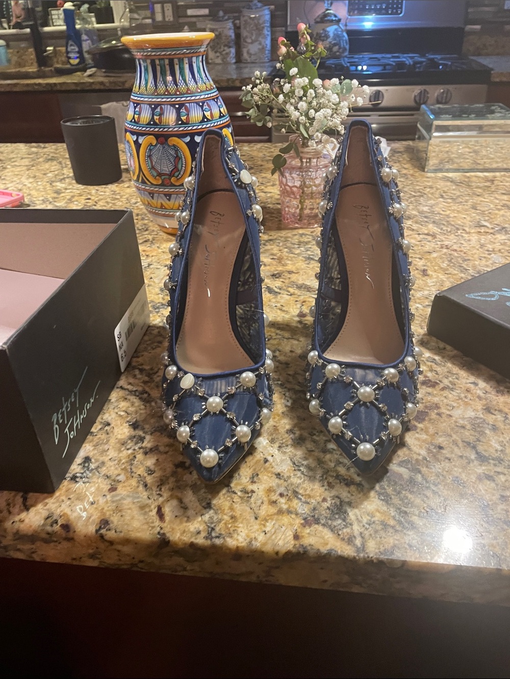 Betsey Johnson Navy Blue Pearl-Embellished Pointed Toe Heels